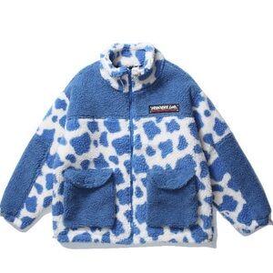 Blue and White Cow Print Fleece Jacket